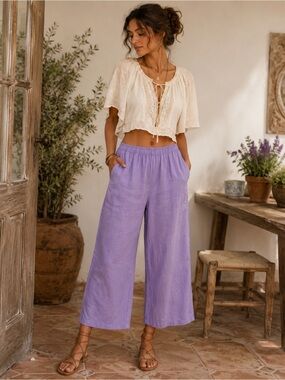 NWT FLAX Pastel Purple 100% Linen Cropped Wide Leg Sz M Lagonlook Boho Coastal